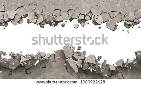Concrete wall is broken up into the pieces, a horizontal breakdown on a white background, 3d illustration Photo stock © 