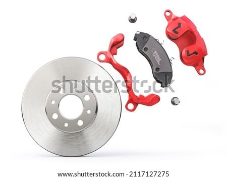 Car brake disk with red caliper. Car brake on a white background. 3d illustration 商業照片 © 
