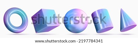 Set of rainbow geometric shapes. Modern multicolor metal object, futuristic design with neon gradient. Vector concept