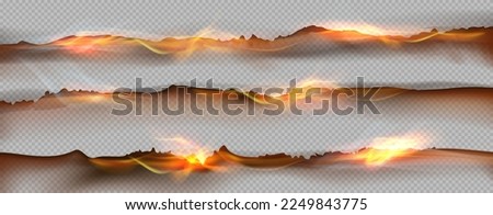 Vector realistic burning paper page edge and hole with fire. Parchment burnt effect with flame and ash.