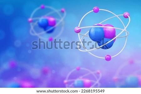 Atom close up. Realistic 3d vector with the effect low depth of field. isolated blue background