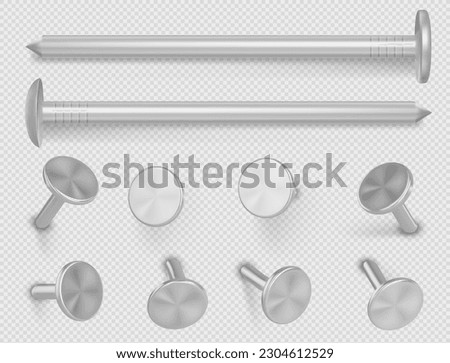 Nails hammered into wall, steel or silver pin heads. Realistic 3d vector illustration