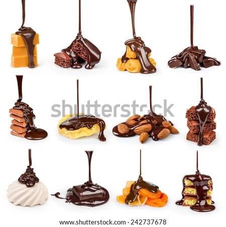 on cookies, chocolate, fruits, nuts pouring stream of chocolate collection on a white background