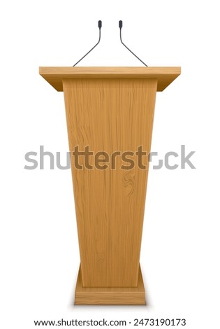 Wooden tribune with microphones. Vector illustration