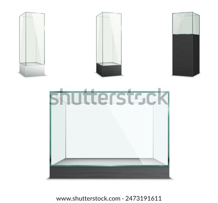 Set of empty glass display cases for exhibition, isolated on white background. Vector illustration