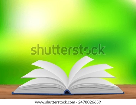 An open book on a table on a green background. Vector illustration