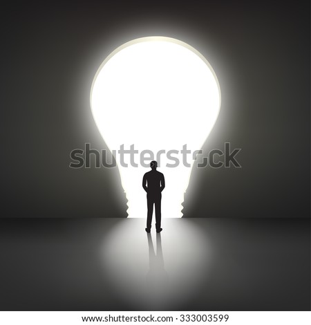 Businessman silhouette standing front of big idea light bulb door. Vector Illustration