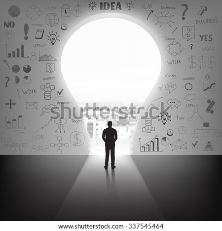 Businessman silhouette standing front of big idea lightbulb door. Vector Illustration