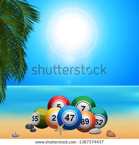 Summer Beach Scene With Palm Tree Bingo Lotto Balls Starfish and Pebbles on the Sand Over Blue Sunny Sky Background