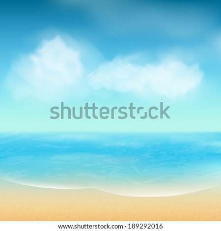 Summer Beach Landscape Scene with Sea, Sand and Fluffy Clouds in a Blue Sky