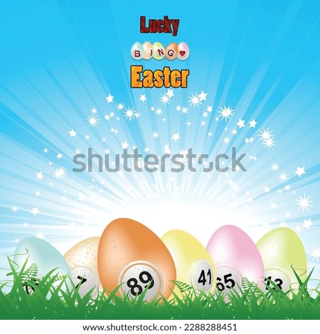 Lucky Bingo Easter Background With Easter Eggs As Bingo Balls Green Grass Blue Sky With Star Burst And Decorative Text