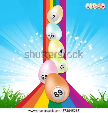 Easter Bingo Eggs Over Rainbow with Star Burst Sky and Grass Background