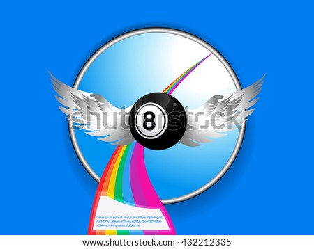 Bingo Ball Number Eight with Wings Over Metallic Border and Rainbow with Sample Text on Blue Background