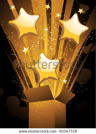 stock vector : Gold balloons and stars bursting out of gift box