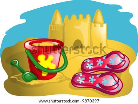 Illustration of a sand castle, pail and shovel.
