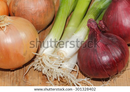 Spring onions, onions, vegetables on a wooden chopping board