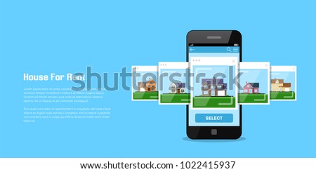 Picture of a smartphone with house icons, house for rent, house selection concept, flat style illustration