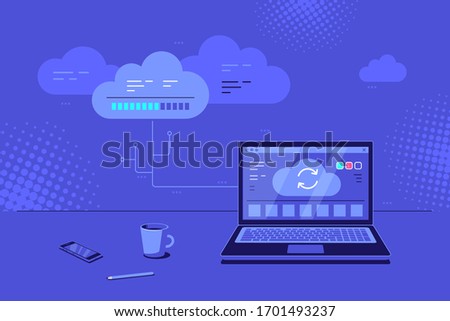 Cloud computing concept banner. Cloud server data transfer and storage. Laptop with cloud upload icon on screen. Flat style vector illustration.