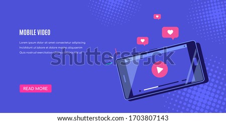 Modern smartphone with online video player on screen. Mobile streaming, live podcast, mobile video, TV concept banner. Flat style vector design.