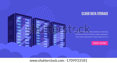 Working server server cabinets. Data storage, cloud storage, data center concept. Flat style banner design. 