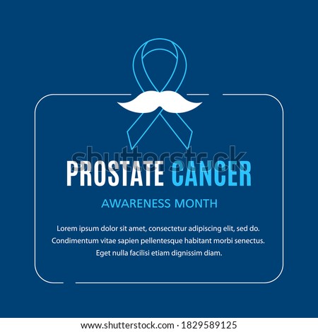 Blue Ribbon with Mustache, Frame Border and Place for Text on Blue Background. Prostate Cancer Awareness Month Concept. Flat Style Line Art Vector Illustration 商業照片 © 