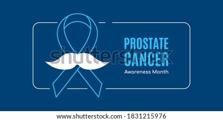 Blue Ribbon with Mustache, Frame Border and Place for Text on Blue Background. Prostate Cancer Awareness Month Concept. Flat Style Line Art Vector Illustration