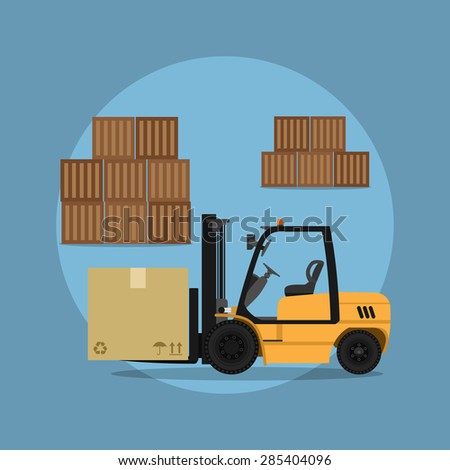 picture of a fork loader with commodity boxes, flat style illustration
