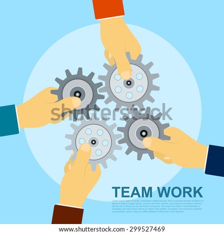 picture of four hands holding gears, flat style illustration concept for team work concept