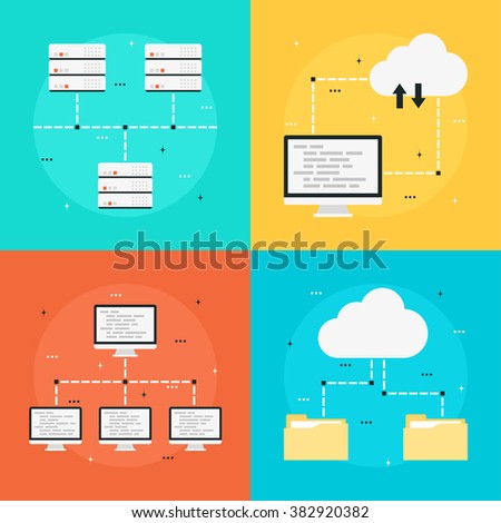 Cloud computing, data transfer, data storage, computer network. Set o flat style icons