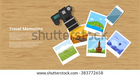 picture of photocamera, smartphone and photographs, flat style banner, travel and vacation concept
