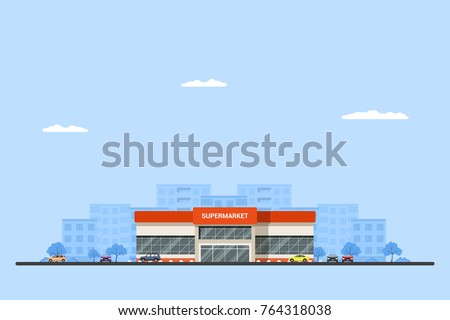 Picture of a supermarket building with cars and big city sillhouette on background. Urban landscape. Flat style illustration.