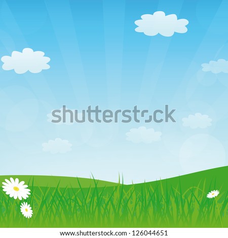 Vector spring or summer background with meadow and blue sky