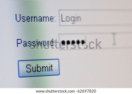 A macro closeup of a computer screen with a username text box,  password text box and submit button.