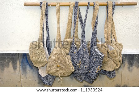 The knitted shopping bags as souvenirs for tourists in Chania, Crete, Greece