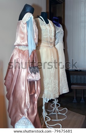 KIEV, UKRAINE - APRIL 16: Three original woman dresses are on display at the Marina Ivanova\'s private collection exhibit on April 16, 2011 in Kiev, Ukraine.