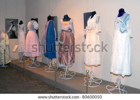KIEV, UKRAINE - APRIL 16: A few original woman dresses are on display at the museum exhibit of Marina Ivanova\'s private collection of antique woman\'s clothes on April 16, 2011 in Kiev, Ukraine.