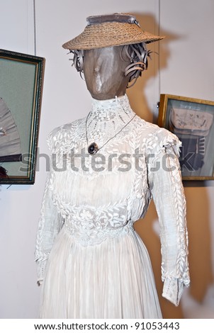 KIEV, UKRAINE - APRIL 16: An original woman cloth is on display at the Marina Ivanova\'s private collection exhibit on April 16, 2011 in Kiev, Ukraine.