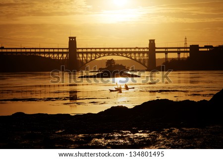 Sunset and Brittania Bridge from Church Island Menai Bridge Isle Anglesey North Wales
