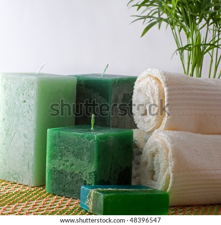 Spa products, candle, soap, towel and plant