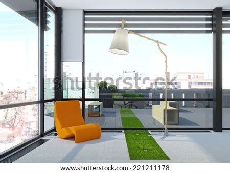 3d render of orange lounge chair stands at large window on top floor of skyscraper