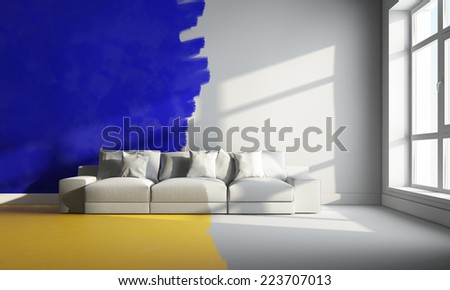 3d interior render of couch in bright color room
