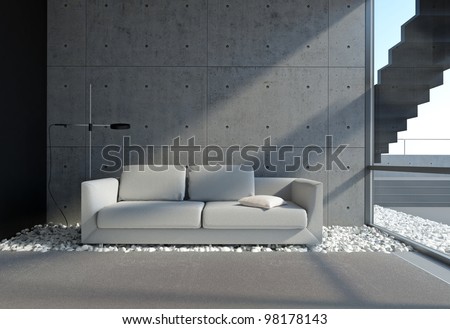 contemporary living room with concrete wall and pebble onthe floor