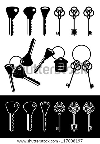 The isolated silhouettes of keys on a white background. In the bottom of the image silhouettes of keys on a black background.