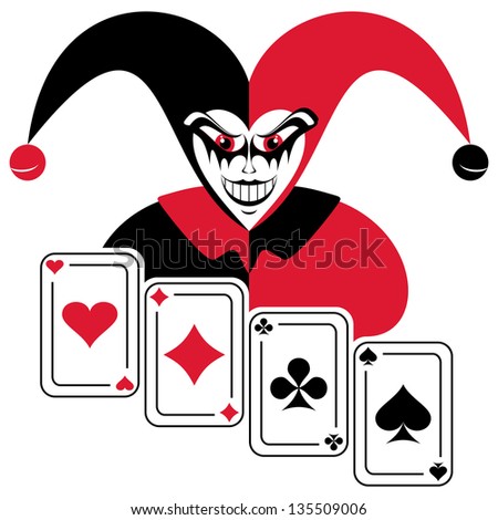 Joker And Four Playing Cards. Abstract Composition On A White ...