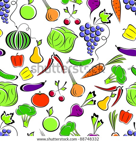 Vegetables and fruit on a white background form a seamless composition. EPS version is available as ID 87080396.