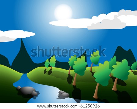 Beautiful sun day. A vector landscape with the river