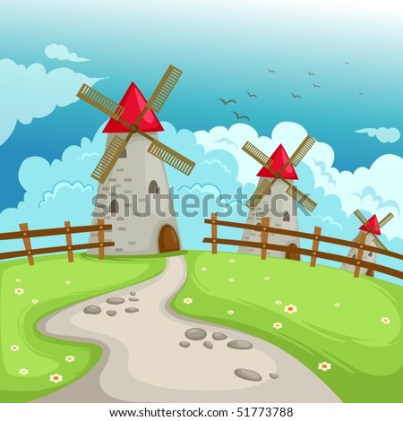 illustration of landscape windmill building