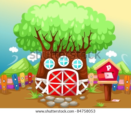 illustration of landscape tree house in summer season