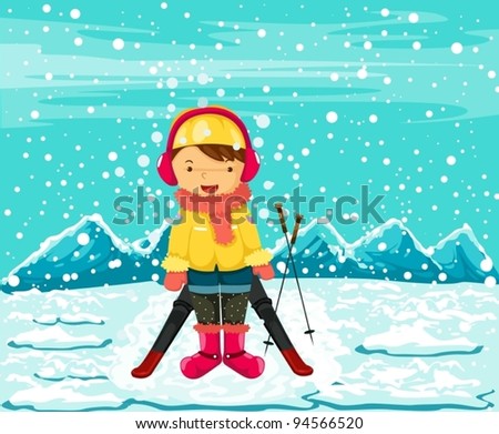 illustration of landscape girl skiing in winter season