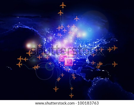 Rendering of city light map (courtesy of NASA), abstract lights and symbols on the subject of global transportation, travel, mail and shipping